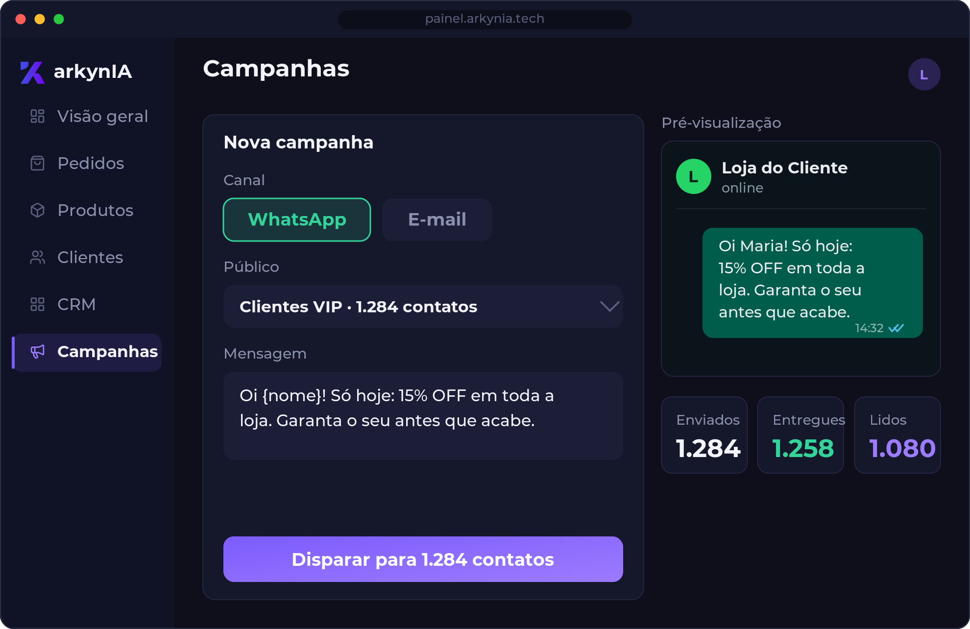 Tela de campanhas com criação de mensagem WhatsApp e métricas de envio